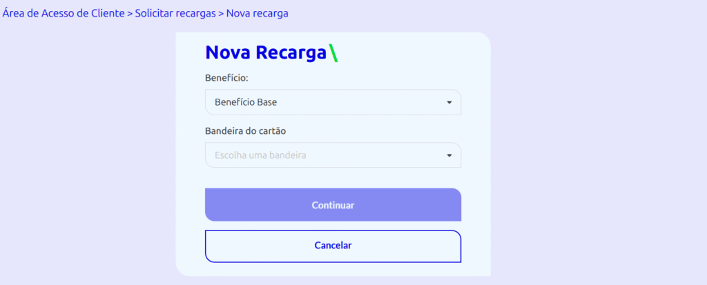 Imagem é uma ilustração da nova tela de recargas, mostrando opções de seleção de benefício e cartão.